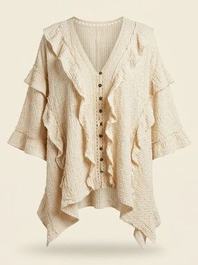 Fee People Beach Cream Ruffle Tunic Top Size M/L Boho Button Front Flowy Blouse